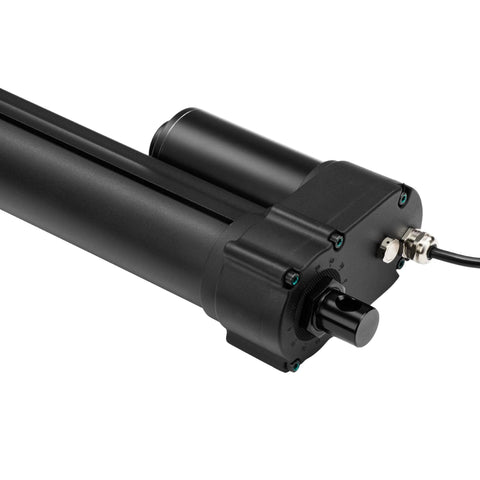 12V heavy-duty electric linear actuator with black cylindrical motor housing and extending rod