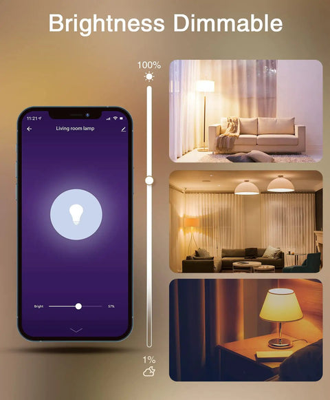 Smart E26 LED Bulbs 8W Dimmable 2700K Warm White 800 Lumens Play Nicely With Alexa And Google Home App shown in use in rooms.
