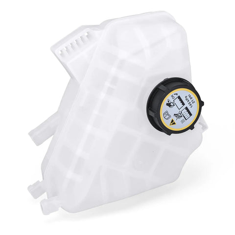 Aftermarket Coolant Reservoir Tank With Factory Style Cap For 2011 Through 2019 Ford Fiesta 1.0L And 1.6L, clear plastic with cap.