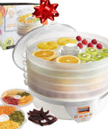 Kickass Efficient Digital Food Dehydrator Featuring Five Generous Trays And Smart Temperature Controls For Whipping Up Crunchy Jerky Dried Fruits And Savory Herb Flakes Fast with fruits drying on trays.