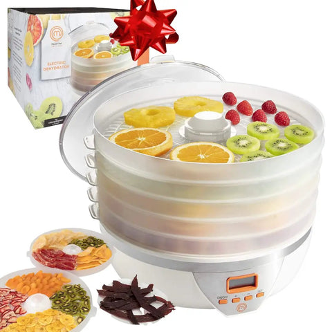 Kickass Efficient Digital Food Dehydrator Featuring Five Generous Trays And Smart Temperature Controls For Whipping Up Crunchy Jerky Dried Fruits And Savory Herb Flakes Fast with fruits drying on trays.