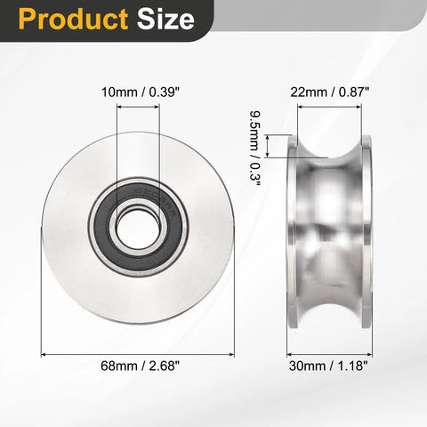 Solid As Rock U Groove Pulley Wheel 10 X 68 X 9.5 Millimeters showing dimensions and design for sliding gate use.
