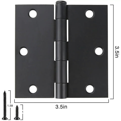 18 Pack 3.5 Inch Matte Black Door Hinges With Square Corner Interior Residential Kit Includes 108 Screws And Extra Long Fasteners, 270 Degree Swing, DIY Friendly And Durable, Perfect For Doors Cabinets Office And Living Space Decor, hinge dimensions and screws shown.