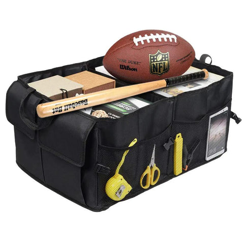 Car Trunk Backseat Organizer For SUV Eight Pocket Waterproof And Dustproof Cargo Net Storage with sports gear and tools