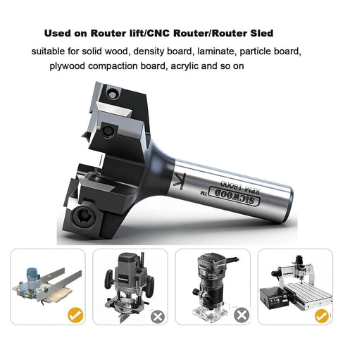 Slab Flattening Router Bit With A Half Inch Shank, Six Wing Carbide Insert, Two Inch Cutting Diameter shown on CNC Router