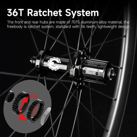 Close-up of 36T ratchet system on carbon fiber road bike wheels 38mm tubeless ready clincher rims 700C lightweight aero performance