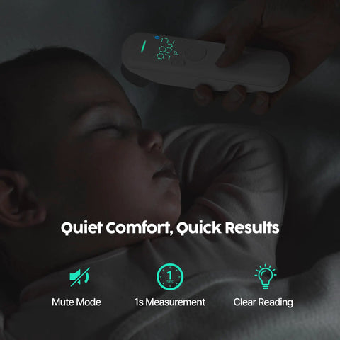 No Touch Forehead Thermometer 3 In 1 For Body Temperature, Room Humidity And Indoor Climate, Fast Infrared Scan In Under 1 Second, Medical-Grade Accuracy For Babies, Kids, And Adults, All-In-One Family Care Tool, measuring a baby's forehead