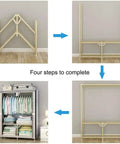 Heavy Duty Portable Closet With Durable Non Woven Fabric Garment Rack And Spacious Storage Shelf Super Easy Assembly For Hella Roomy Extra Clothes Organization Blue 110X45X160Cm assembly steps showing frame setup process.