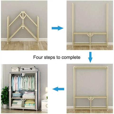 Heavy Duty Portable Closet With Durable Non Woven Fabric Garment Rack And Spacious Storage Shelf Super Easy Assembly For Hella Roomy Extra Clothes Organization Blue 110X45X160Cm assembly steps showing frame setup process.
