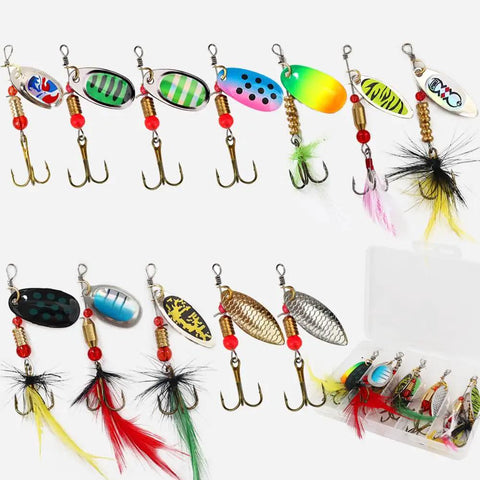 12 Piece Spinnerbait Fishing Lure Kit For Bass, Trout, Salmon, Walleye And More - Colorful hard metal spinnerbaits with tackle box