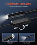 Close-up of 8 adjustable LEDs on Endoscope Camera with 49.2ft semi-rigid cable, showing lighting for Android and iOS device use.