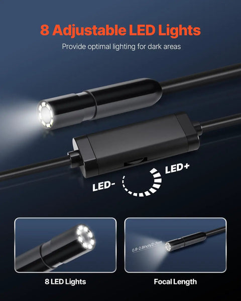 Close-up of 8 adjustable LEDs on Endoscope Camera with 49.2ft semi-rigid cable, showing lighting for Android and iOS device use.