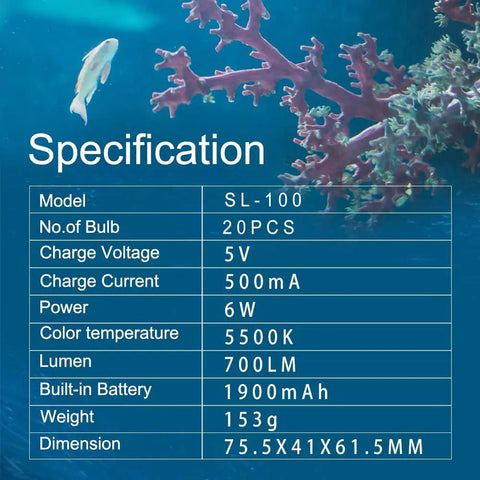 Specifications of Underwater Dive Light 700LM For Action Cameras SL-100 LED Fill Light with 40m Waterproof features listed.