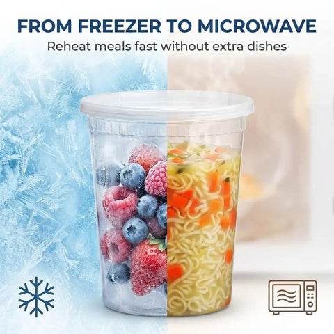 48 Piece Deli Container Set With Lids, 16oz And 32oz Options, leakproof airtight lids, half frozen berries, half hot soup