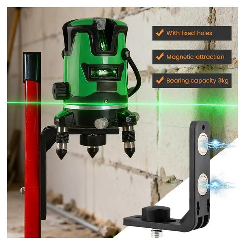 Laser Level L Shape Magnetic Bracket That Makes Leveling On A Tripod Easy And Hands Free, shown attached to a red pole