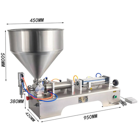 Top Notch Pneumatic Liquid Filling Machine With 30 Liter Hopper And Single Nozzle Piston Head, stainless steel design, ideal for thick lotions and syrups.