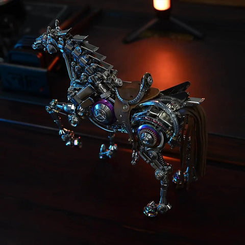 Steampunk Mechanical Horse Puzzle Kit with movable joints, 1500 plus stainless steel parts, 3D metal animal model close-up