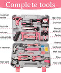 Open view of Pink 103 Piece DIY Tool Kit in a Compact Storage Case Built for Women and Beginners showing organized hand tools.
