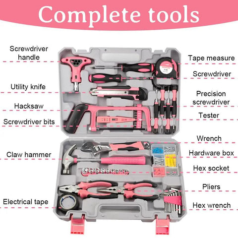 Open view of Pink 103 Piece DIY Tool Kit in a Compact Storage Case Built for Women and Beginners showing organized hand tools.
