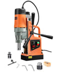 VEVOR magnetic drill press, 1550W, 2-inch bore, orange/gray, front view with control panel.