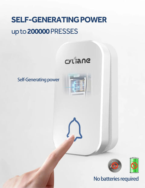 Self Powered Wireless Doorbell No Battery Needed Easy Plug In Cordless Chime With 1300ft Range button close-up, finger pressing