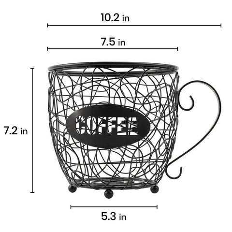 Massive K Cup Pod Holder For Countertop, 7.5 inch black rustproof steel basket with handle, holds 40 K Cups, coffee bar.