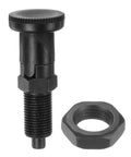 M16x1.5 Push Fit Ball Nose Spring Plunger With 8mm Pin And 1.02 Inch Thread next to a hex nut, both in solid carbon steel.