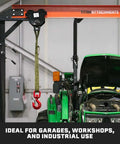 Telescoping Gantry Crane Frame Only For 2 Ton Loads in workshop setting with a green tractor beneath, showcasing hoist capabilities.
