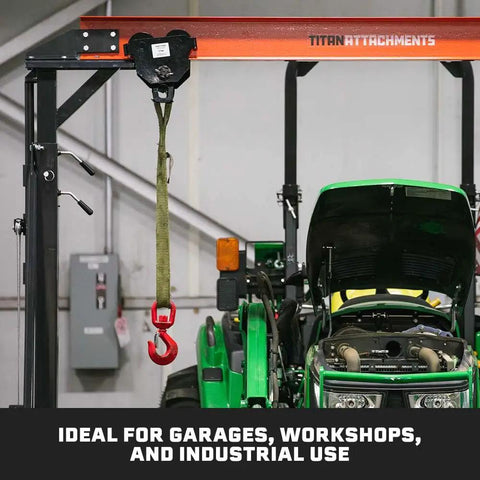 Telescoping Gantry Crane Frame Only For 2 Ton Loads in workshop setting with a green tractor beneath, showcasing hoist capabilities.