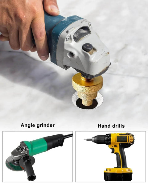 Pagoda diamond cone step drill bit (20/35/50 mm) with M10 thread installed on blue angle grinder