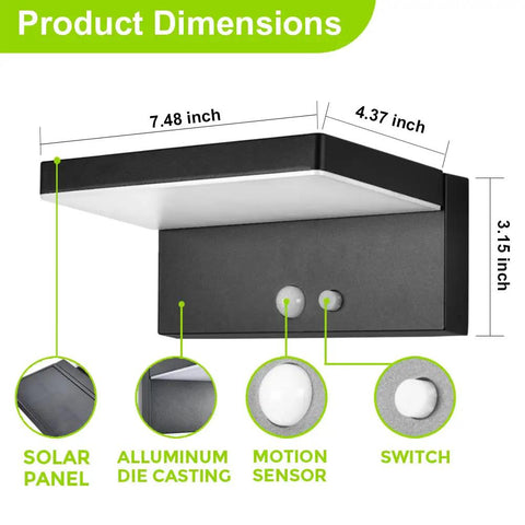 Diagram showing dimensions of 2 Pack Solar Motion Sensor Outdoor Lights With 600 Lumen Brightness 3 Modes IP44 Waterproof Aluminum Wall Lights