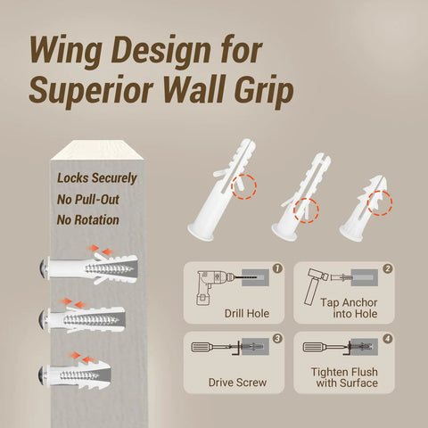 Wing design of Heavy Duty Drywall Anchors Kit With Self Drilling Screws 80Lb Load Capacity for superior wall grip.