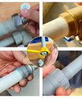 PVC Pipe Die Set Six Piece Round Die Kit For PVC Threading With Three NPT Dies One Half Inch Three Quarter Inch And One Inch Manual Pipe Threader Tool For Plumbing, shown threading PVC pipes.
