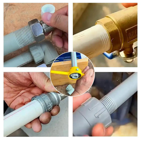 PVC Pipe Die Set Six Piece Round Die Kit For PVC Threading With Three NPT Dies One Half Inch Three Quarter Inch And One Inch Manual Pipe Threader Tool For Plumbing, shown threading PVC pipes.