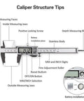 Diagram of Stainless Steel Digital Caliper With Large LCD Screen for precise 0 to 150mm measurements showing key components and functions.