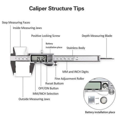 Diagram of Stainless Steel Digital Caliper With Large LCD Screen for precise 0 to 150mm measurements showing key components and functions.