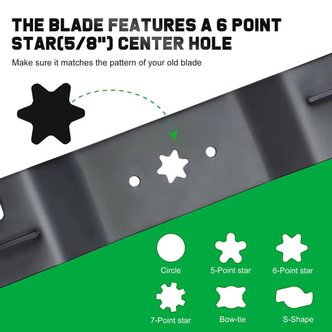 Diagram of Beefy 54 Inch Mower Blades Replacement For Cub Cadet 942 0677B showing 6-point star mounting pattern.