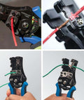 Heavy Duty Automatic Wire Cutter And Stripper For 8 To 20 AWG Solid And 10 To 22 AWG Stranded Wire in use, ergonomic grips.