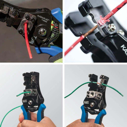 Heavy Duty Automatic Wire Cutter And Stripper For 8 To 20 AWG Solid And 10 To 22 AWG Stranded Wire in use, ergonomic grips.
