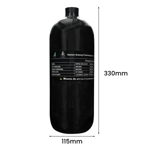 4500 Psi Carbon Fiber Scuba Tank 2L 122 Cu In 2000cc High Pressure Cylinder with dimensions for diving and air rifle use