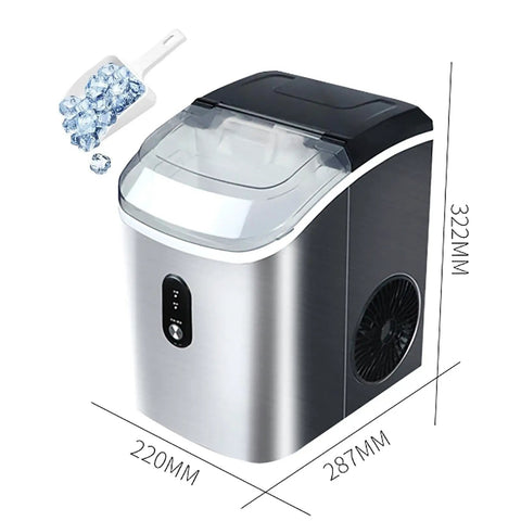 Quiet Countertop Nugget Ice Machine Packs Self Cleaning Tech And Instant Chill Power To Drop Snack Sized Pebble Ice in stainless steel design.