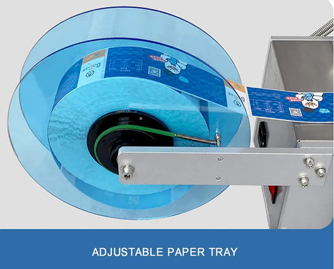 Rugged Semi Automatic Label Applicator For Round Bottles features adjustable paper tray for precise label alignment.