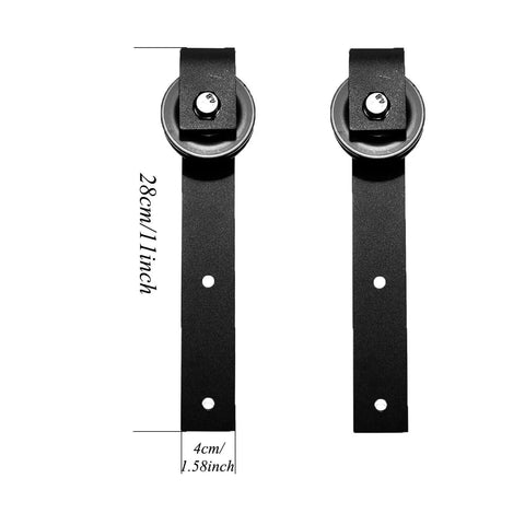 Sliding Barn Door Hardware Kit With J Shaped Hangers for 4 to 9.6 ft double doors, black finish, showing measurements