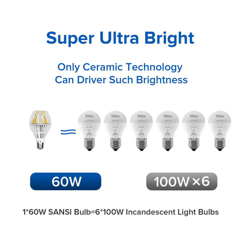 Ultra Bright 9000 Lumen LED A21 Bulb 60W Equiv 600W Incandescent E26 Base illustration showing brightness comparison