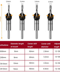 Countersink Drill Bit Set with Depth Stop and Quick Change Hex Shank One Quarter Inch, sizes 2.8-4.0mm visible, HSS M2 Bits