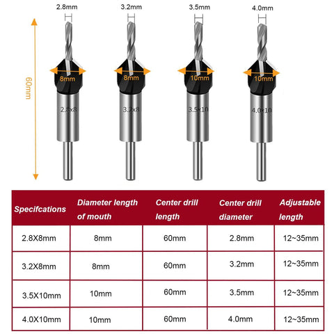 Countersink Drill Bit Set with Depth Stop and Quick Change Hex Shank One Quarter Inch, sizes 2.8-4.0mm visible, HSS M2 Bits