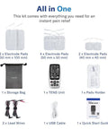 Alcedo TENS EMS unit with assorted electrode pads (various sizes), lead wires, USB cable, storage bag, and quick-start guide.