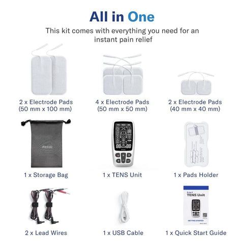 Alcedo TENS EMS unit with assorted electrode pads (various sizes), lead wires, USB cable, storage bag, and quick-start guide.