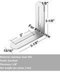 Ten Piece Brushed Stainless Steel L Brackets Showing Up In Three Inch Slotted Designs For Rock Solid Corner Reinforcement On Tables And Shelves That Will Never Back Down Under Heavy Loads, measuring 3-1/8 inches.