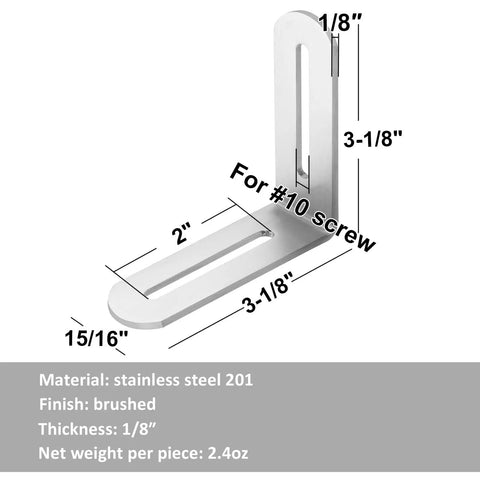 Ten Piece Brushed Stainless Steel L Brackets Showing Up In Three Inch Slotted Designs For Rock Solid Corner Reinforcement On Tables And Shelves That Will Never Back Down Under Heavy Loads, measuring 3-1/8 inches.